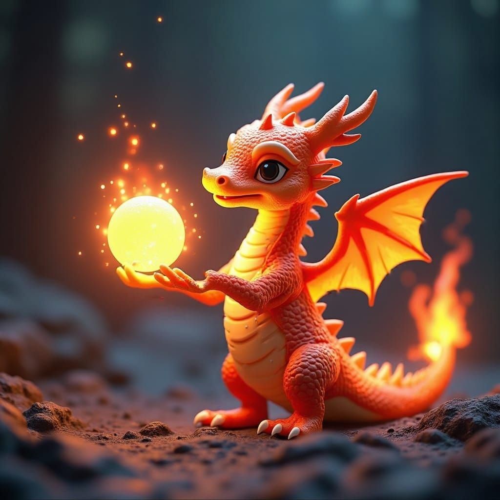 Adorable Fire Dragon Playing with Orb of Light