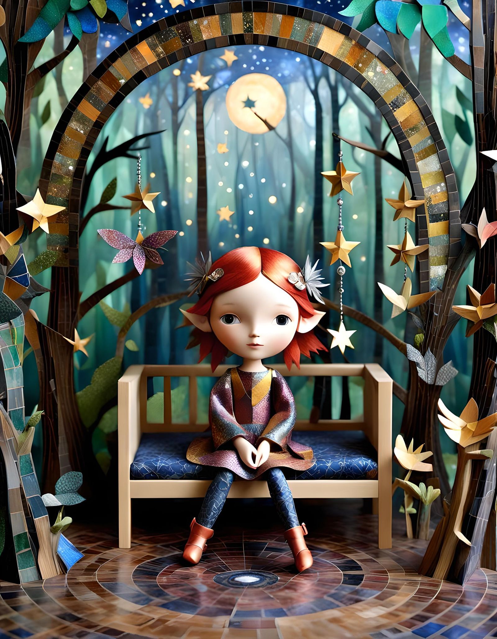 Nighttime Treehouse Dreamscape in Mosaic Style