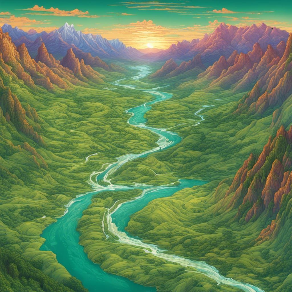 Sunrise Over Sinuous River Valley, Hyperrealistic