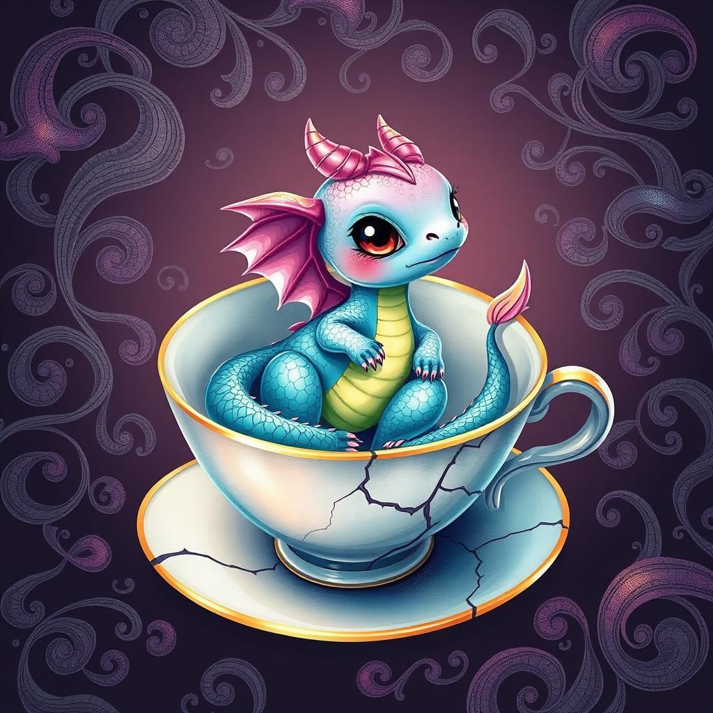 Adorable Baby Dragon in Teacup: Dreamlike Illustration