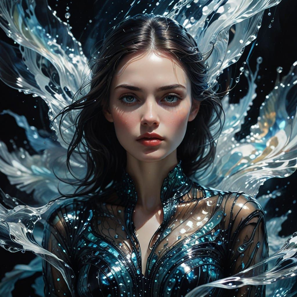 Elegant Woman in Shimmering Textures and Water Effects