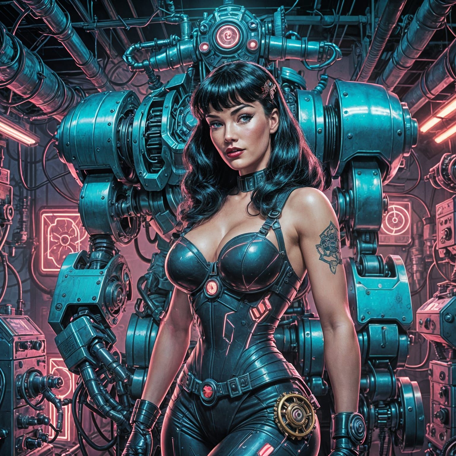 Cyberpunk Mechanic Repairs Robot in Comic Book Art