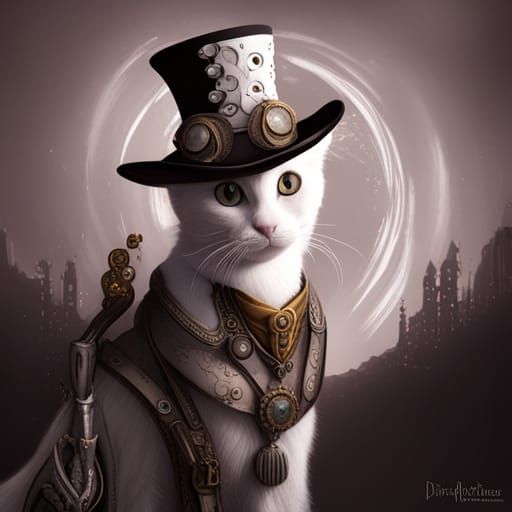 Steampunk White Cat with Top Hat