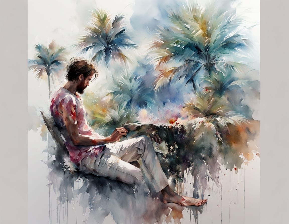 Man Relaxing Under Palm Tree in Detailed Watercolour Style