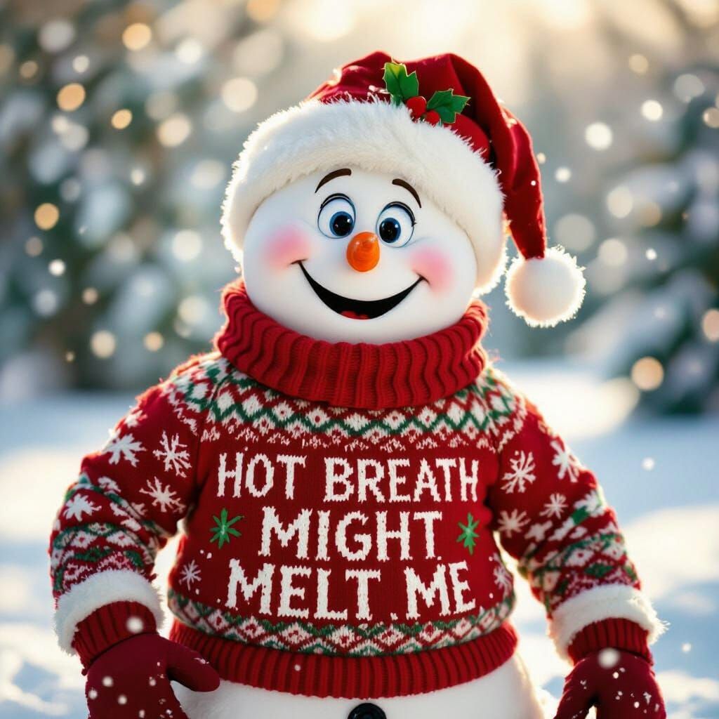 Frosty the Snowman in Festive Sweater on Snowy Day
