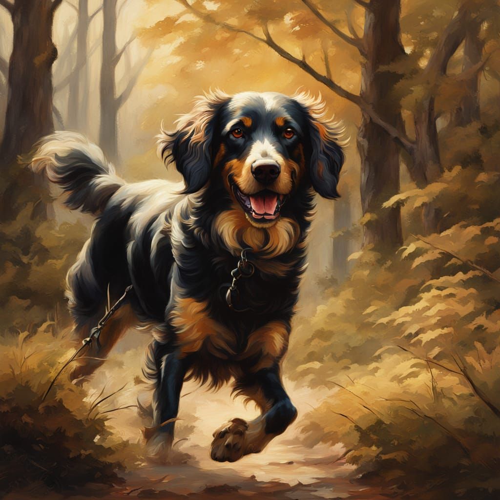 Hunting Dog Runs in Forest: Rembrandt-Style Oil Painting