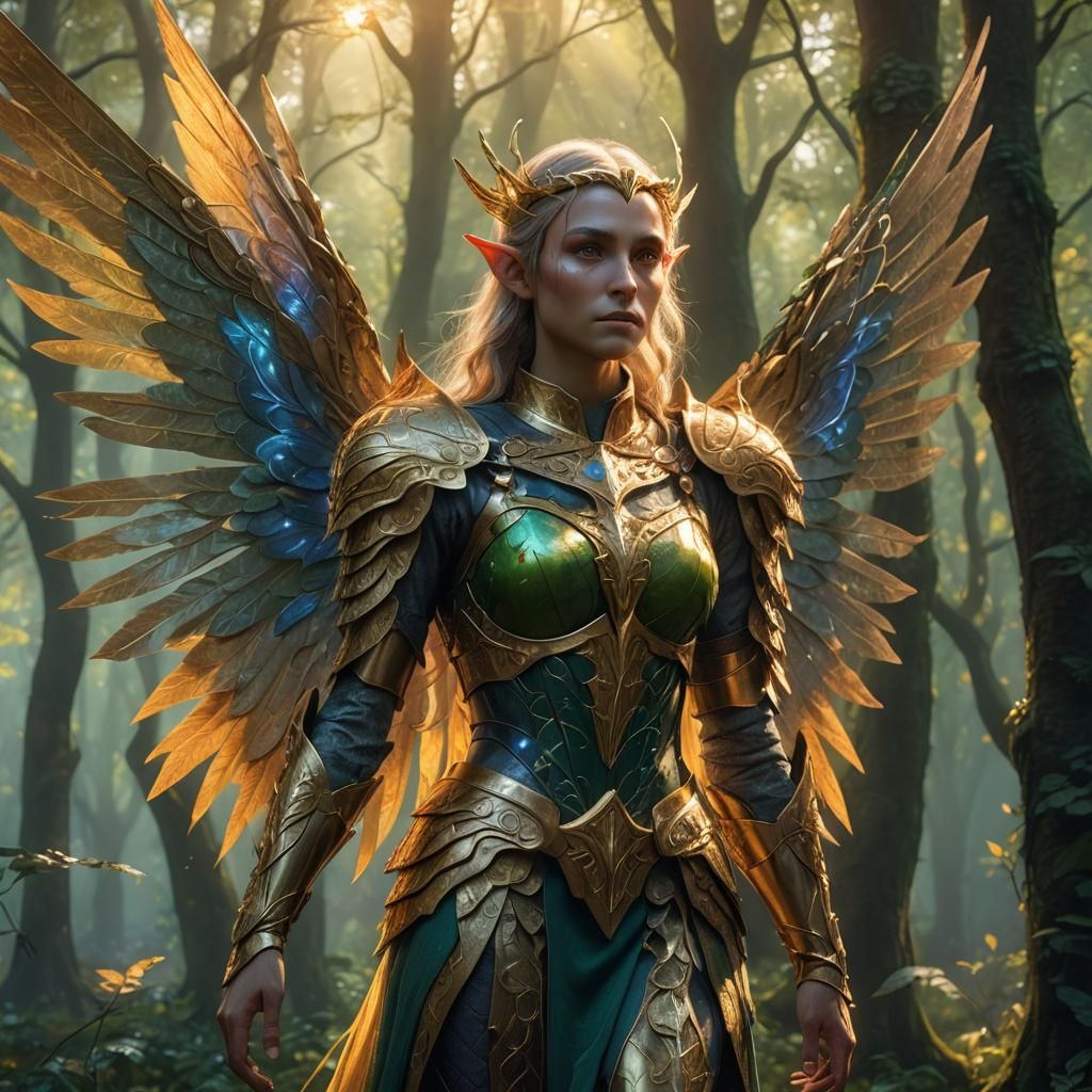 Heroic Elf Angel in Mystical Forest Glade