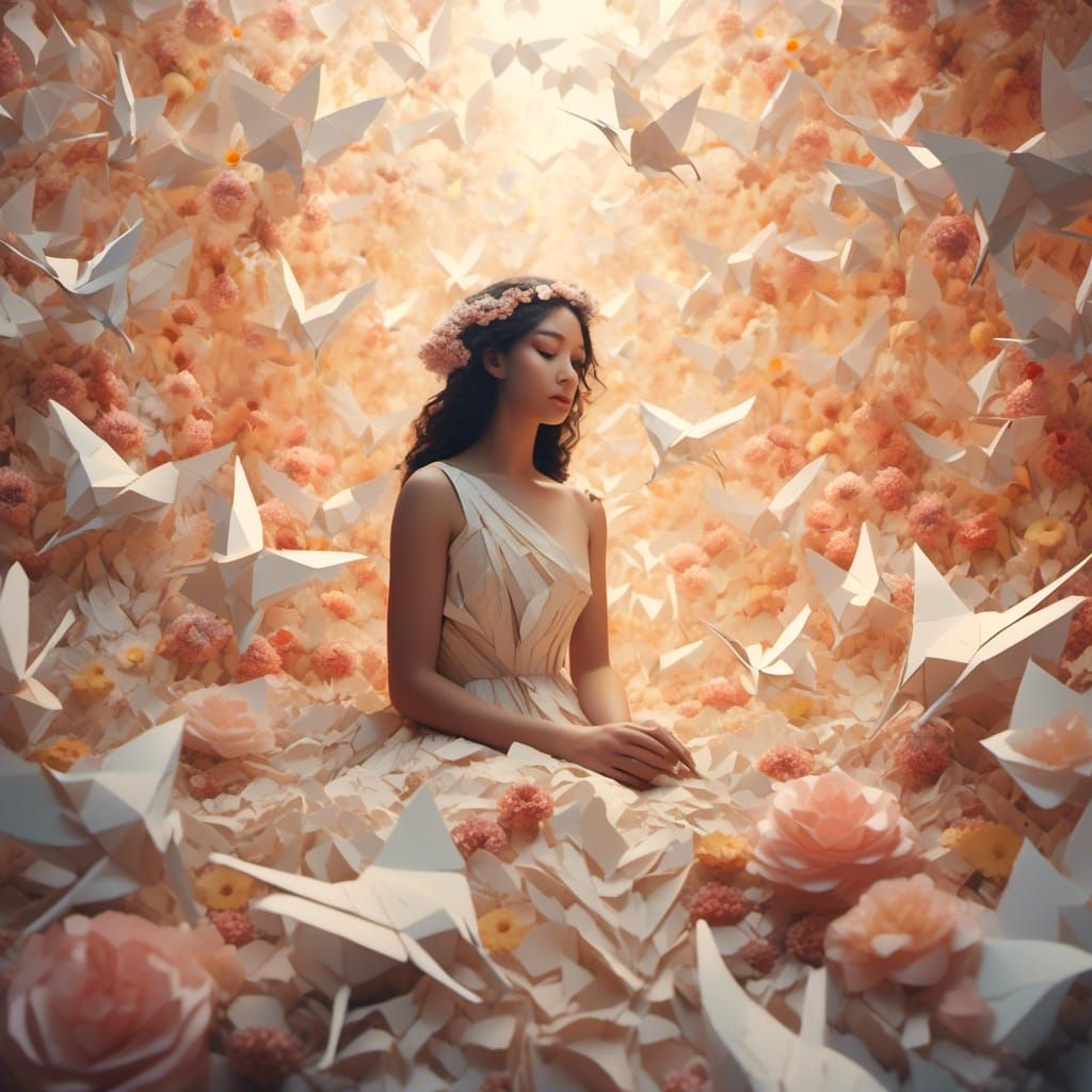 Origami Papercraft Young Lady with Flowers
