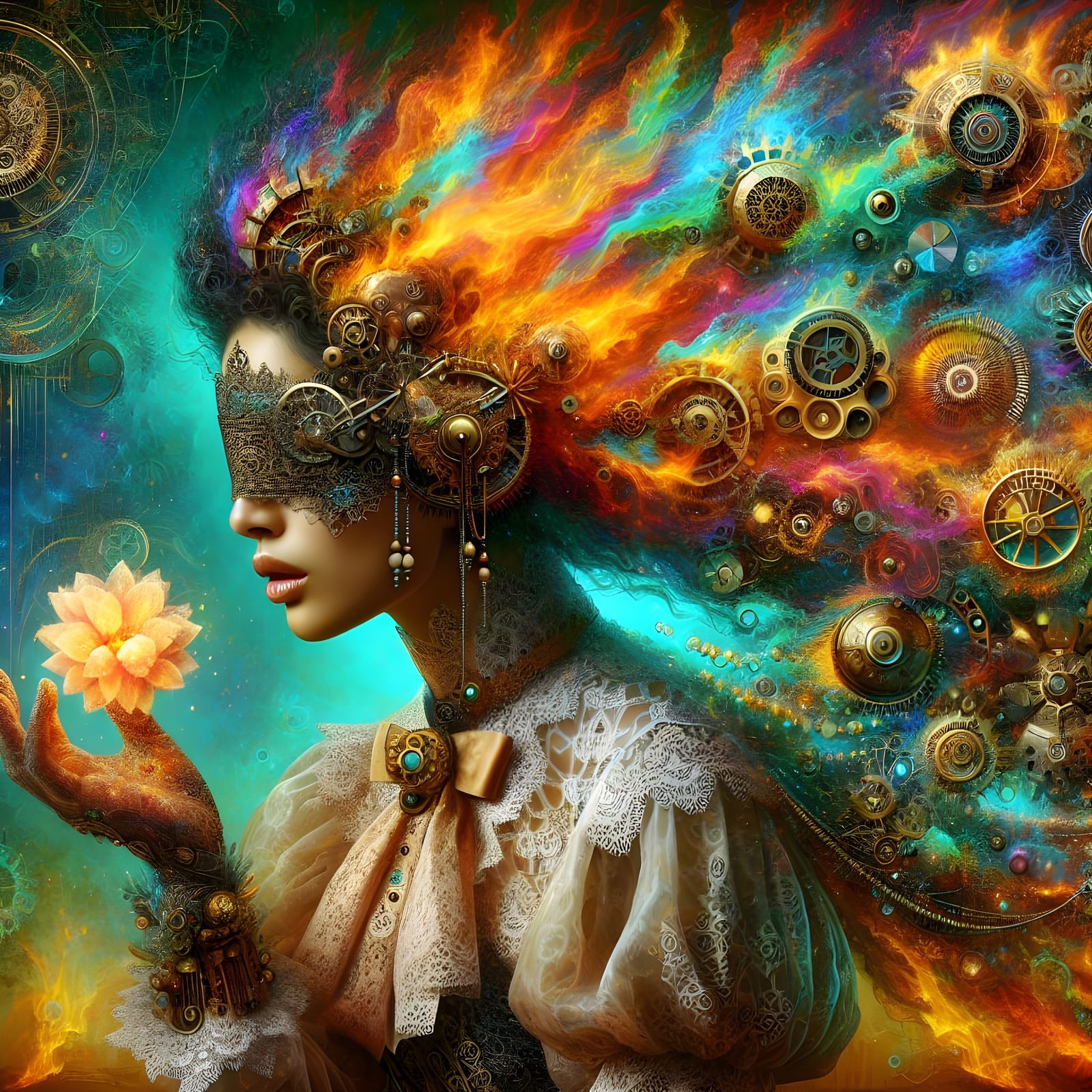 Steampunk Goddess of Blazing Beauty in Golden Haze