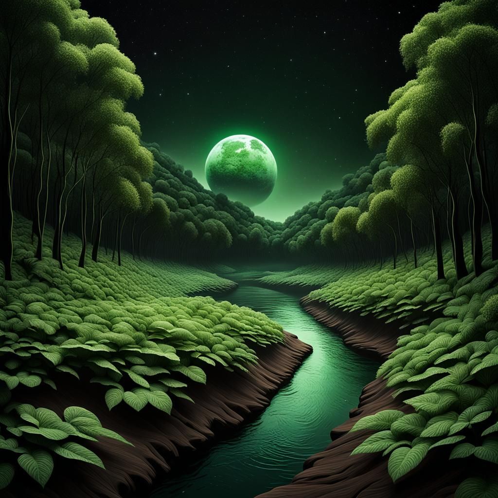 Tranquil River of Green Trees on Mars