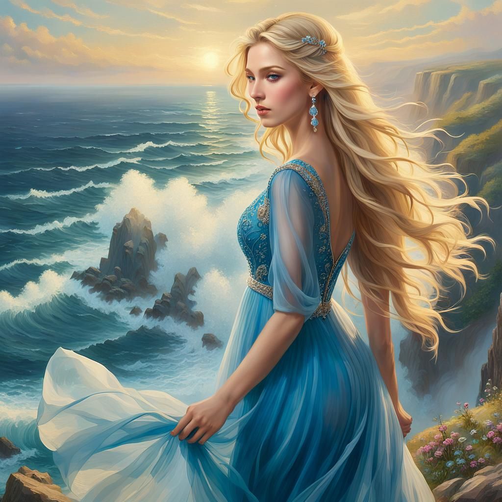 Ethereal Fantasy Teen Girl Overlooks Majestic Wild Sea Lands...