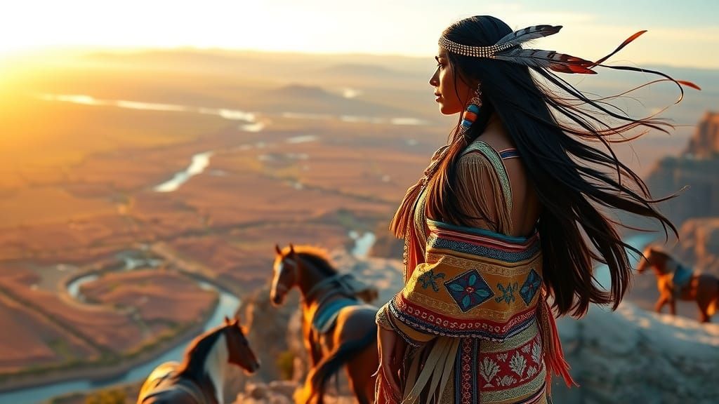 Regal Native American Princess in a Sunrise Landscape