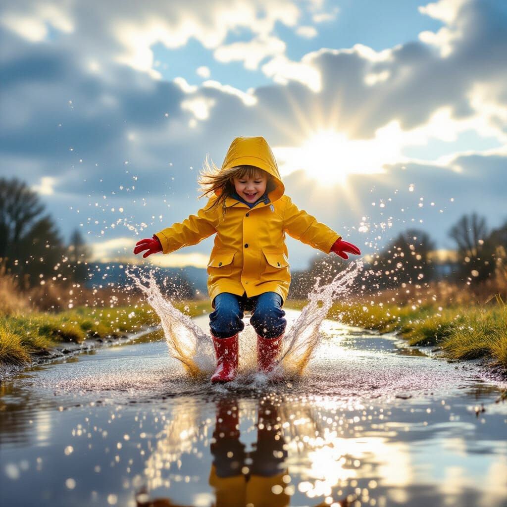 Joyful Child Splashing in Puddle Under Sunlight