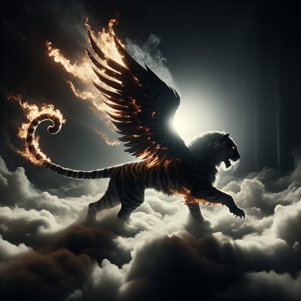Fiery Winged Tiger Above Clouds