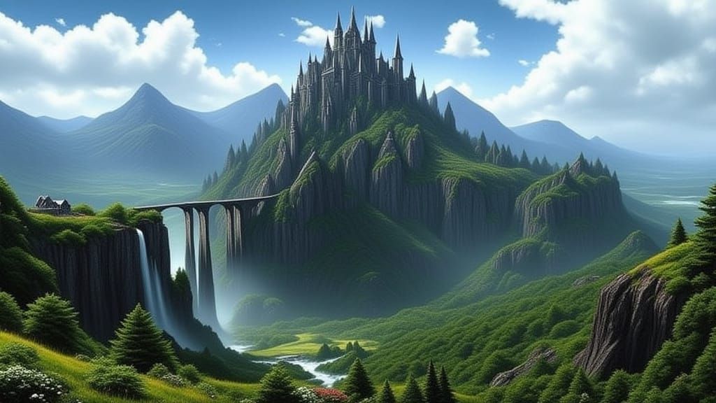 Ethereal Mountain Castle Amidst Waterfalls and Majestic Brid...