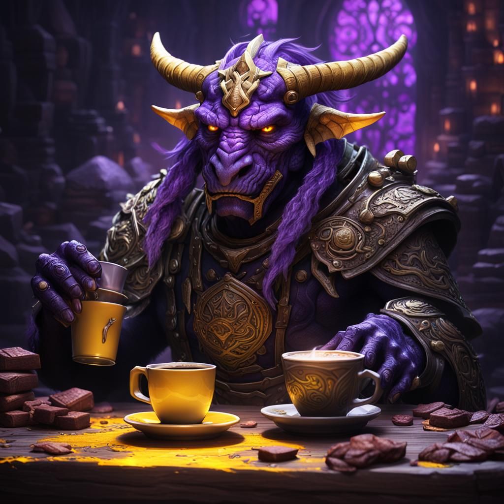 Dragonborn Barbarian Coffee Addict in Dark Fantasy Style