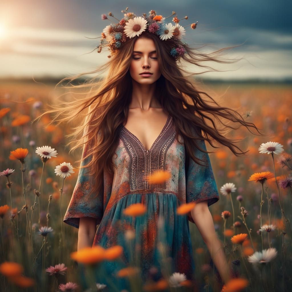 Boho Girl in Flower Field: Abstract Art