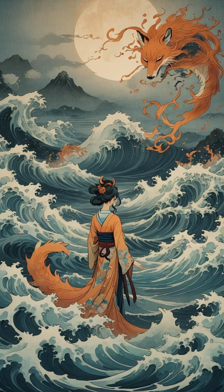 Nine-Tailed Fox Goddess in Ukiyo-e Style