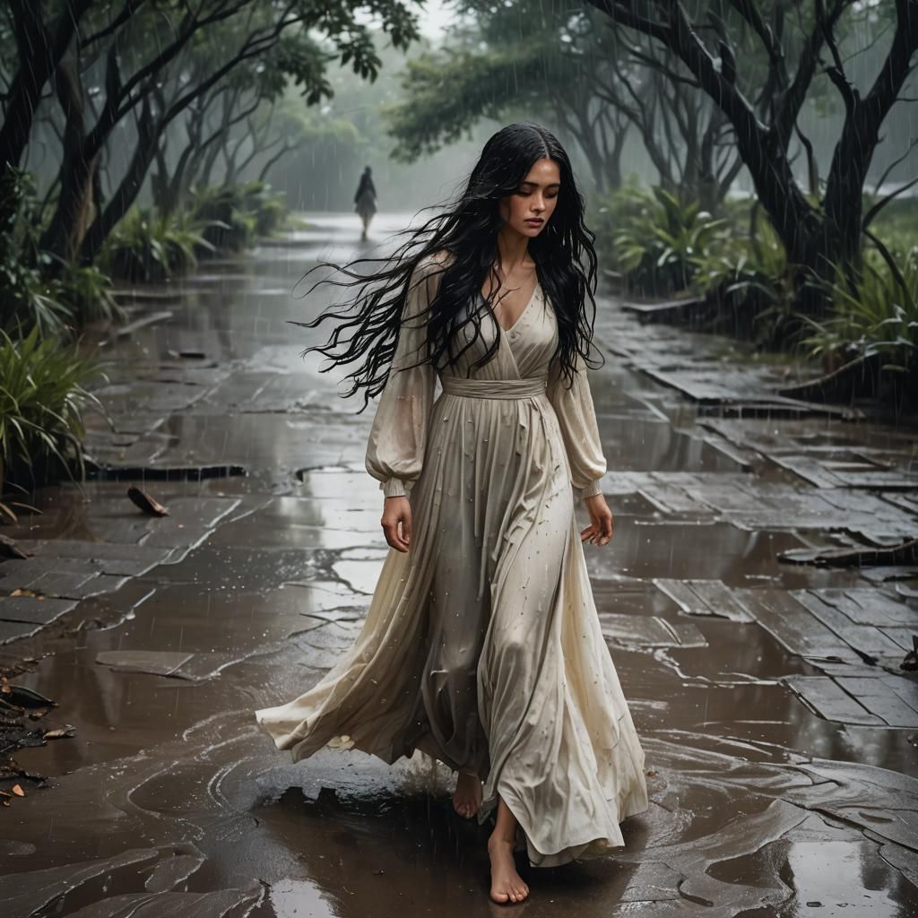 Woman in Ivory Dress Walking in Rain