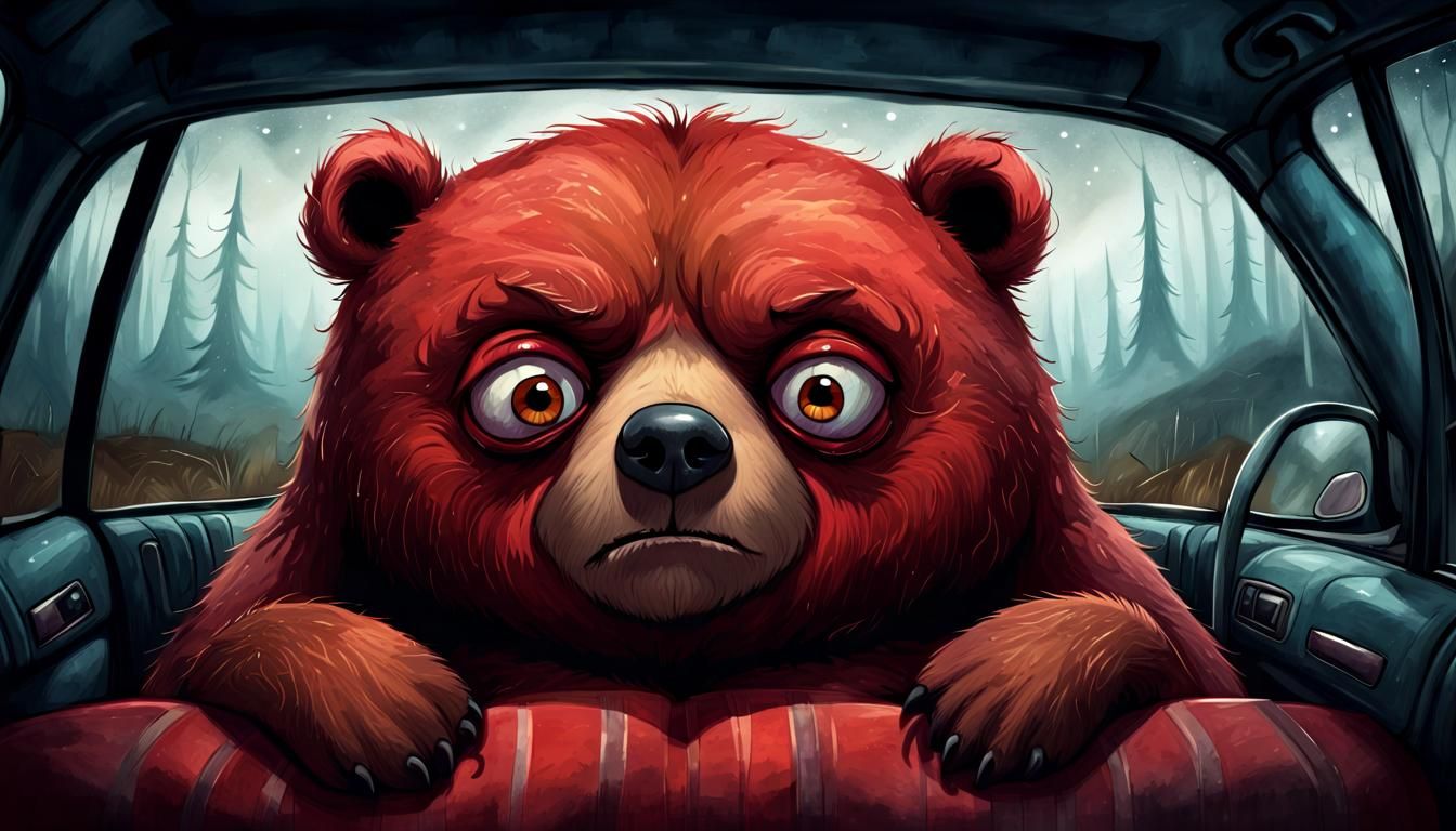 Grumpy Red Bear Awakens in a Car, Wide-Eyed and Frowning