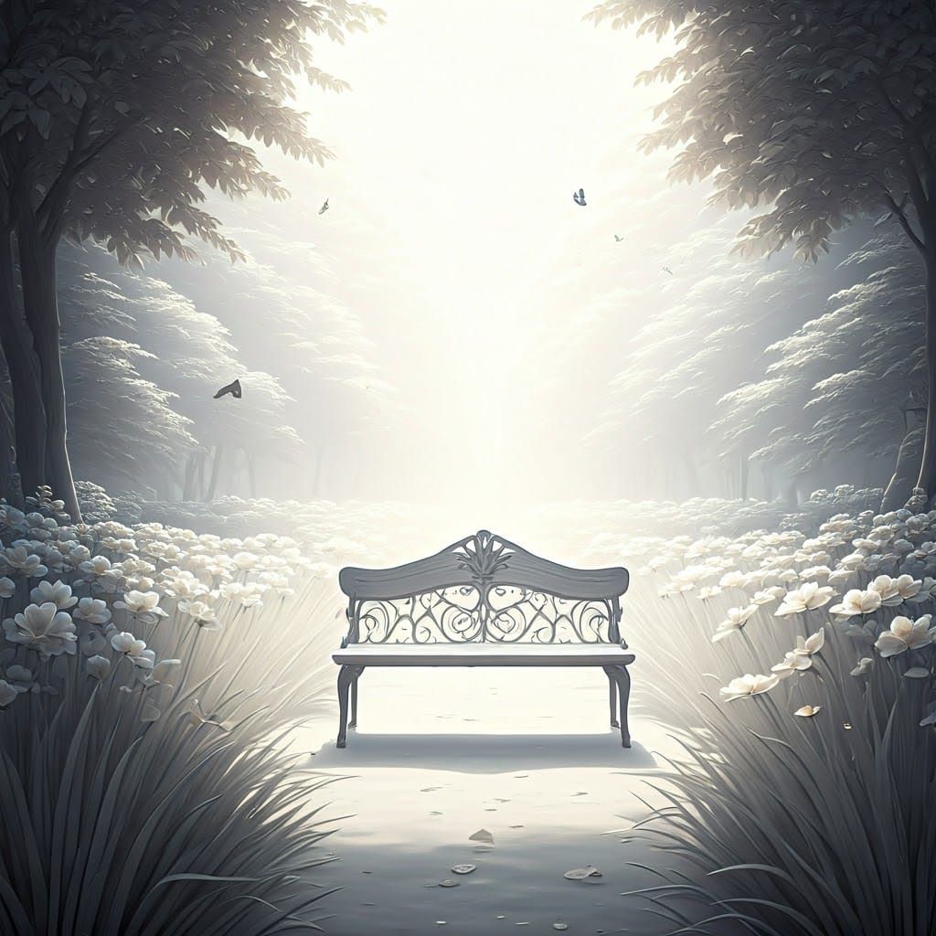 Minimalist Bench in Impressionistic White Flower Garden