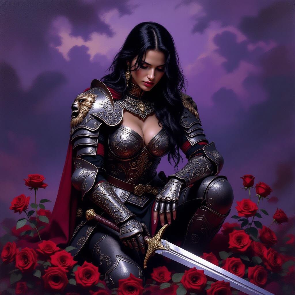 Warrior Woman Kneels by Wilting Roses in Dramatic Chiaroscur...