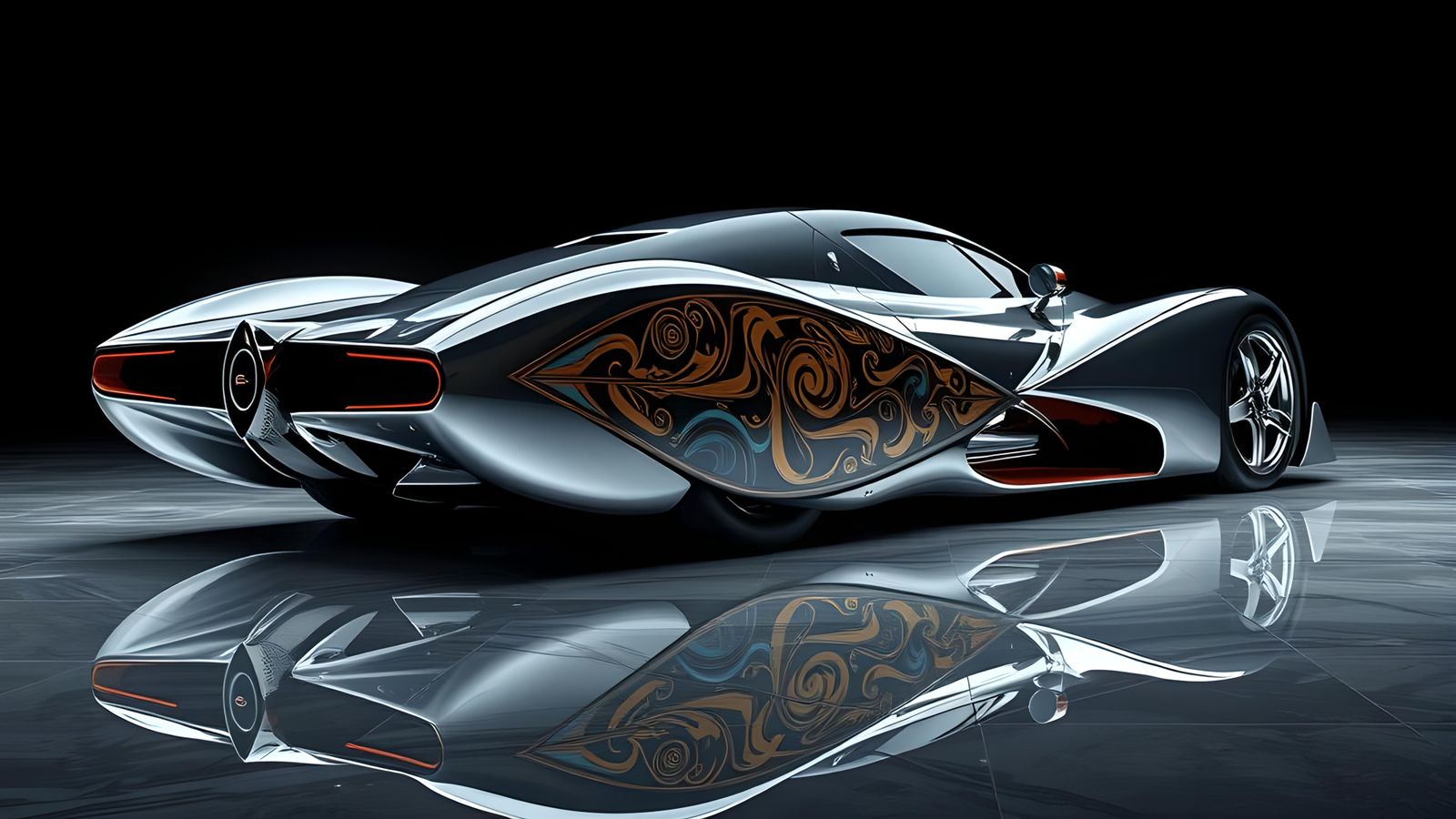 Chrome Art Deco Supercar in Mirrored Room