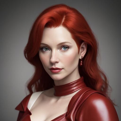 Portrait of Woman in Red Gown with Big Red Hair