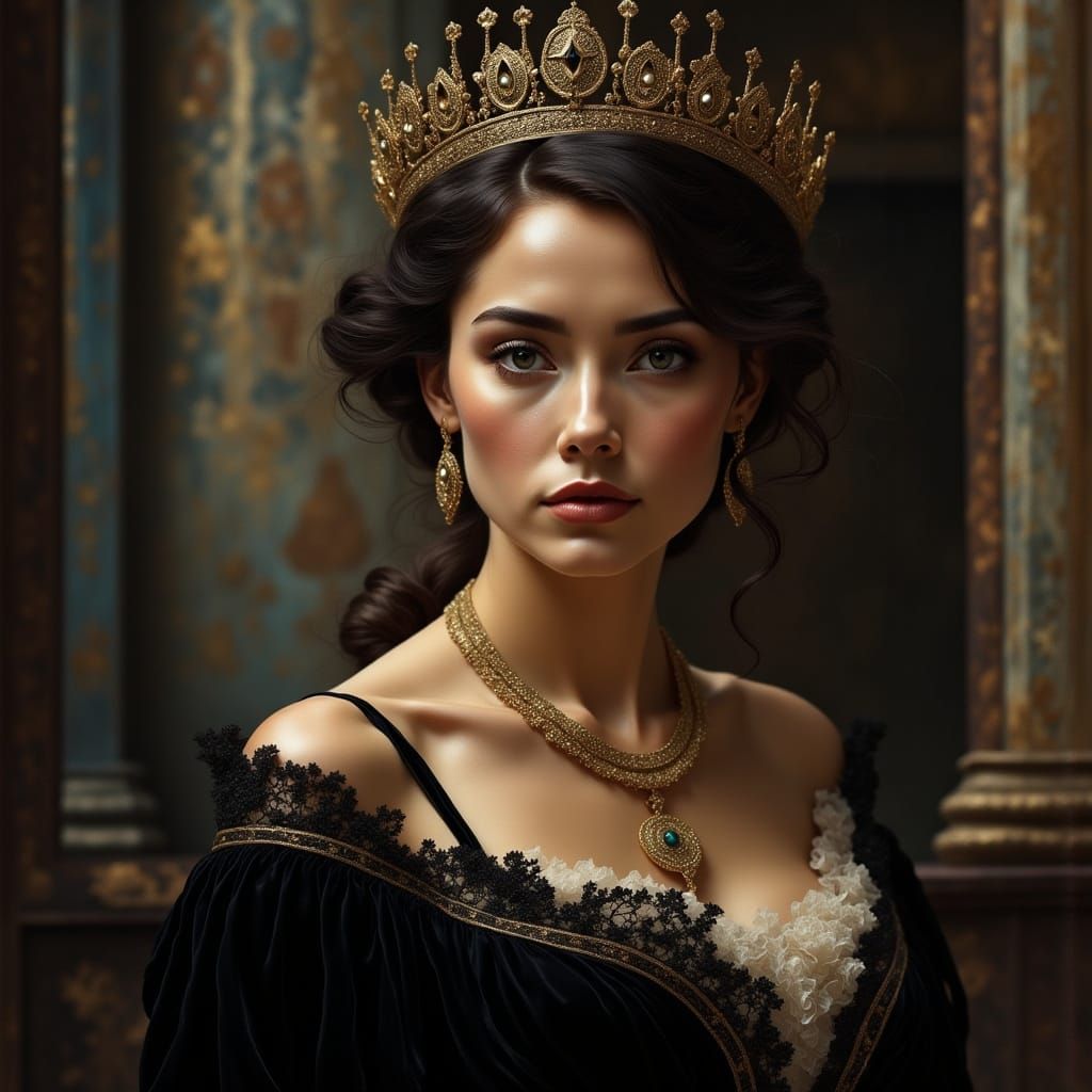 Regal Woman in Black Velvet Dress with Gold Crown