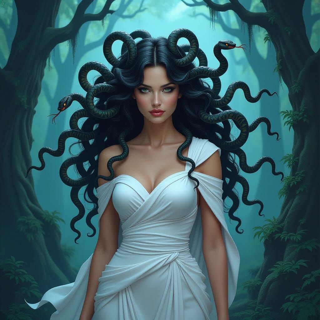 Medusa in Dark Forest, Gothic Biomechanical Style
