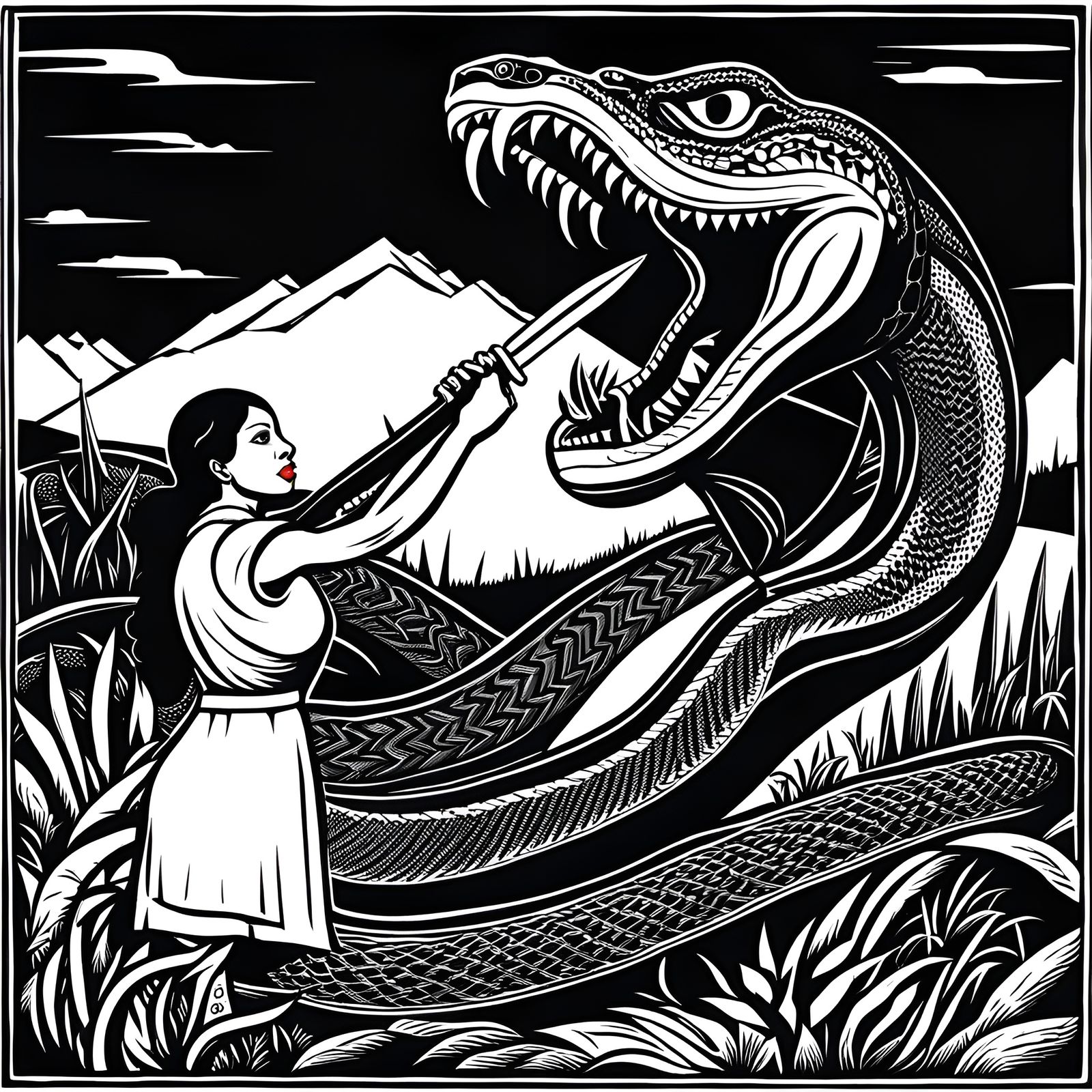 Woman Confronts Snake in Stylized Linocut