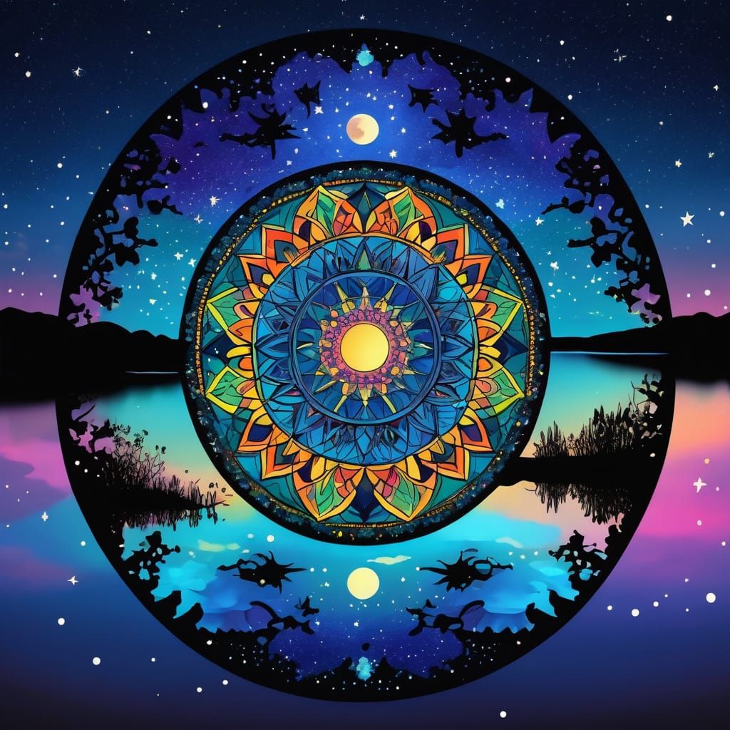 Kaleidoscope Mandala Moon Over Starry Lake