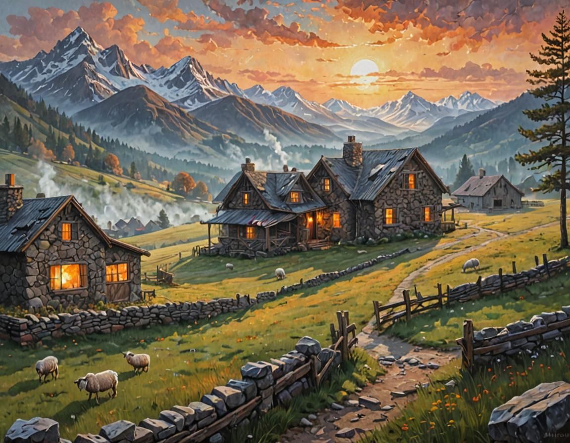 Highland Houses in Morning Mist: Acrylic Painting