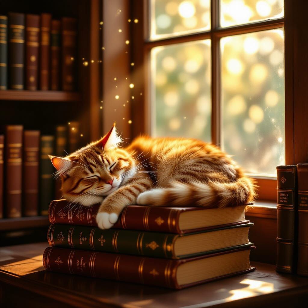 Ginger Tabby Cat Asleep on Books in Sunlit Study