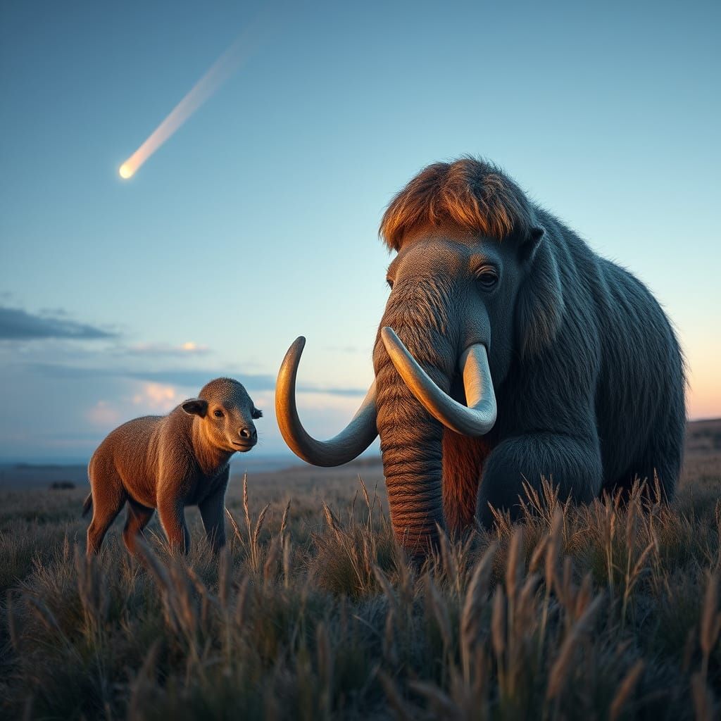 Woolly Mammoth Family Grazing in Ancient Tundra