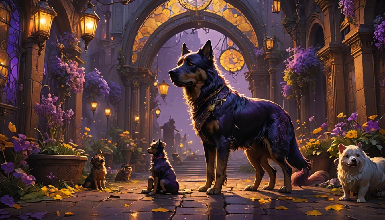 Dogs in Dark Fantasy Evening, Hyperdetailed Art