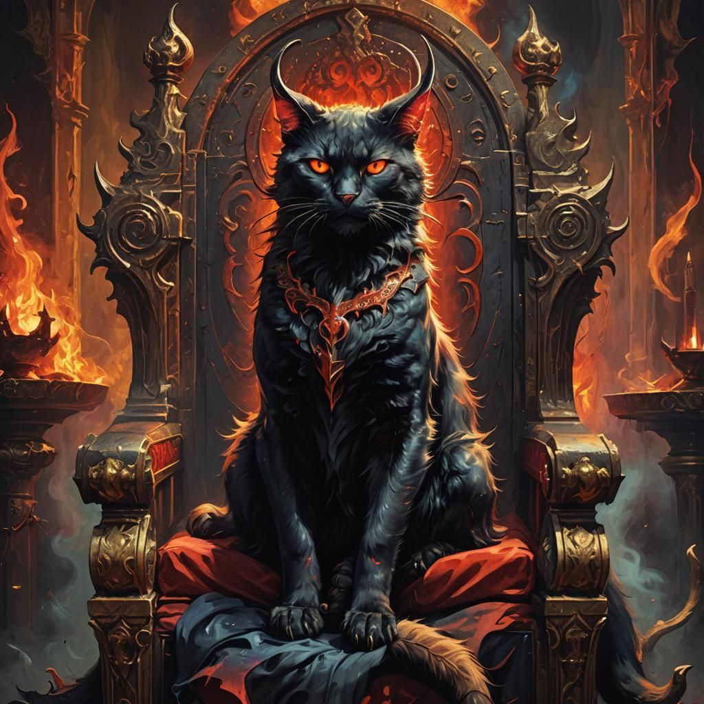 Devil Cat on Throne in Dark Fantasy Oil Painting