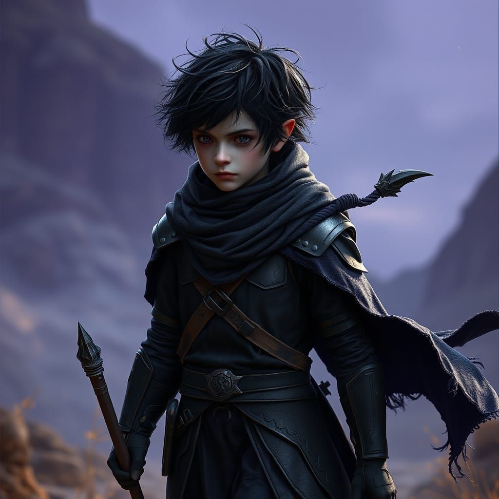 Elvish Boy Ranger in Dark Fantasy Landscape