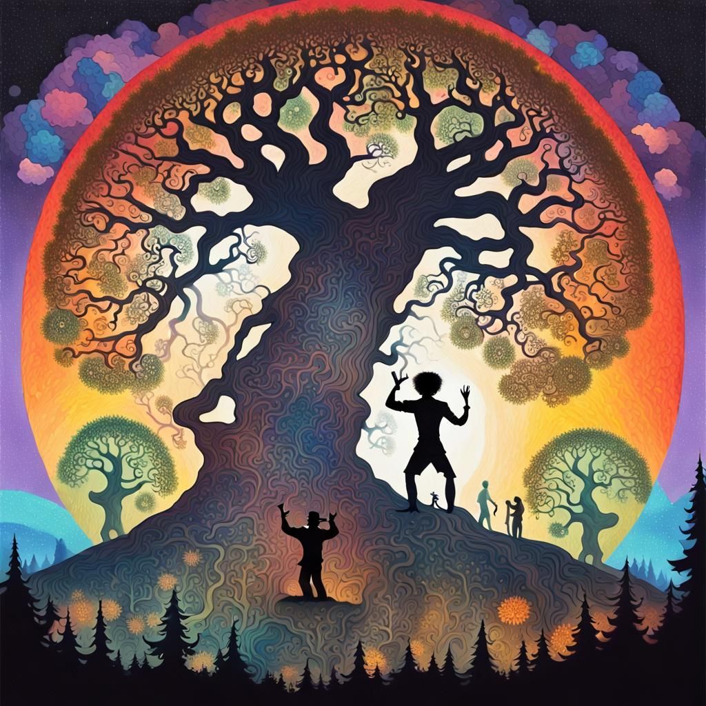 Psychedelic Silhouette: Man, Tree, and Dancing Figures