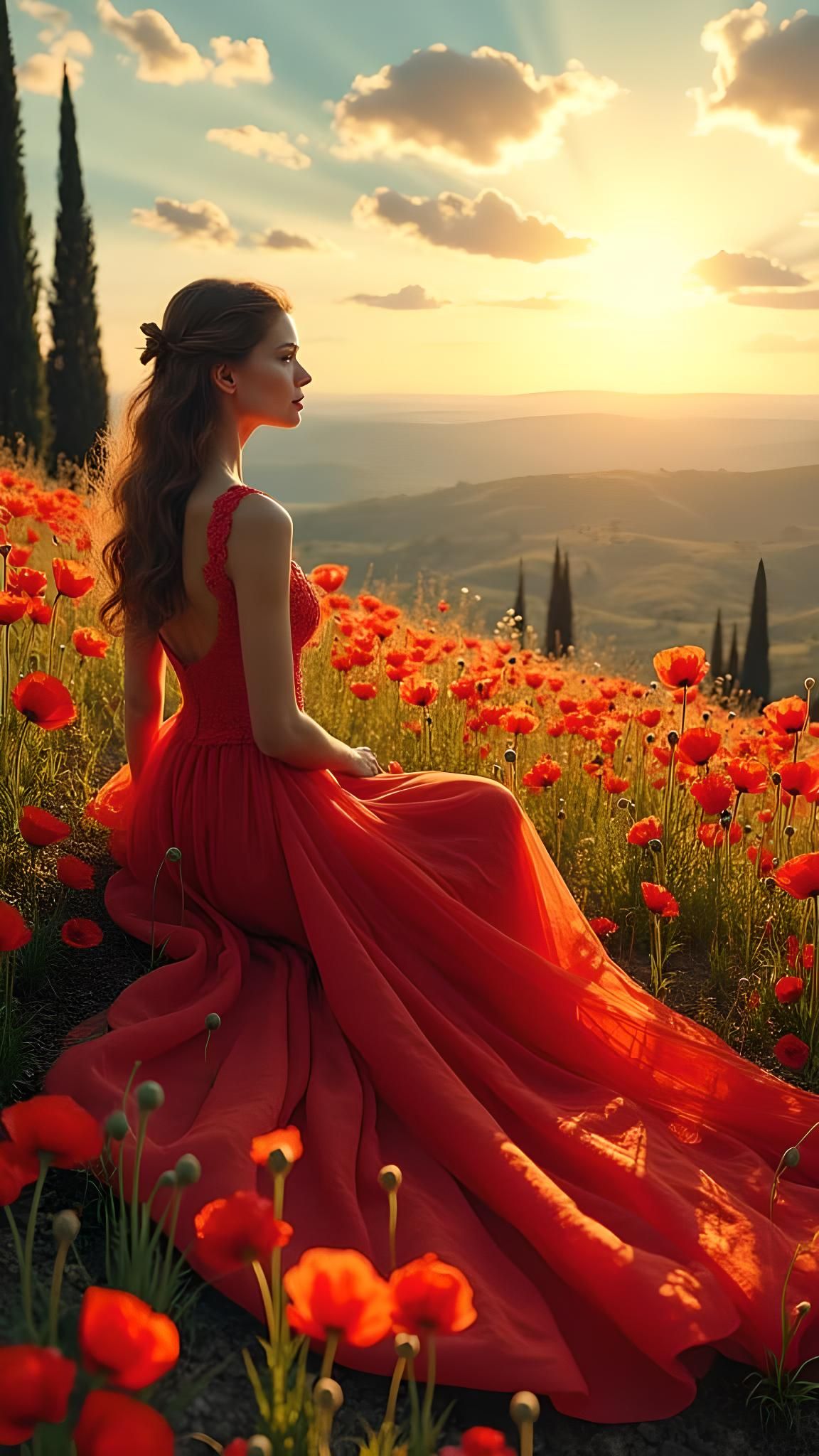 Poppy Field Reverie: An Elegant Woman in Oil Painting