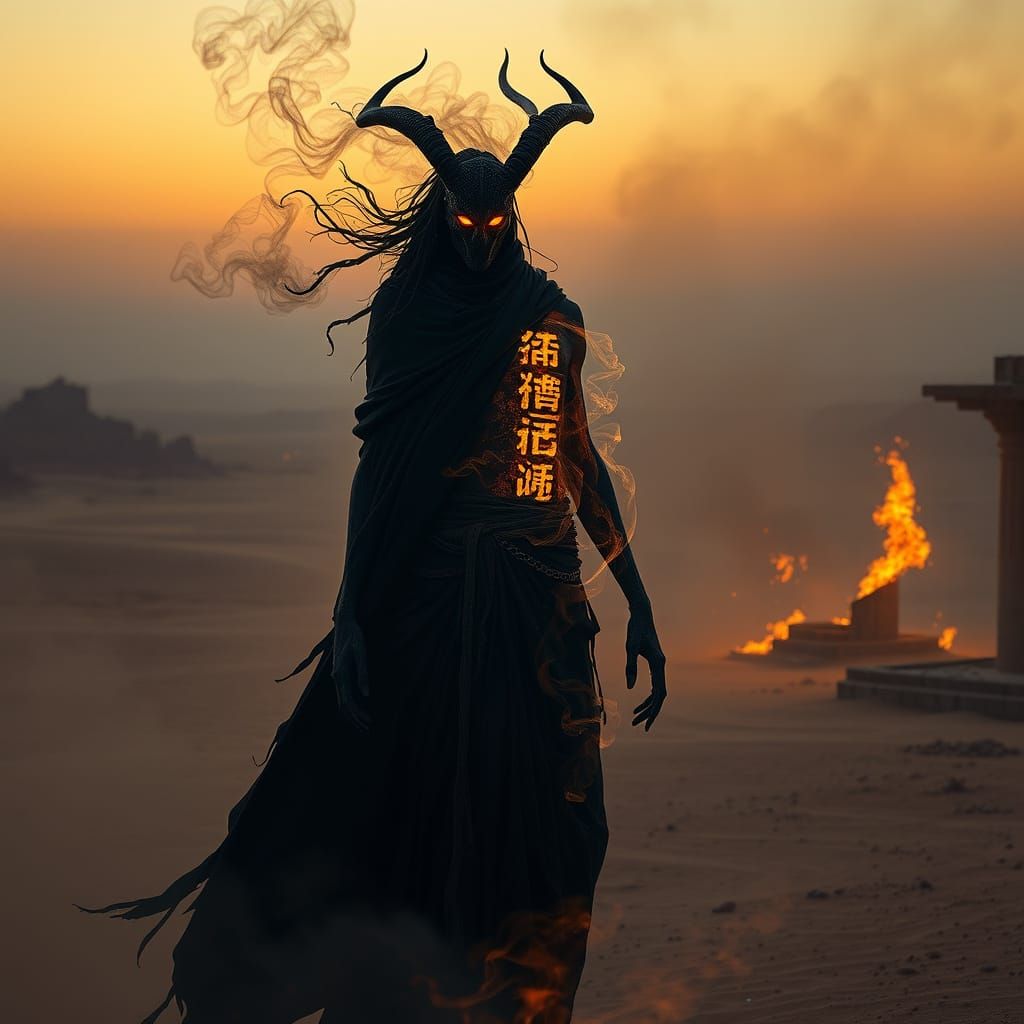 Shadowy Jinn in Desert Ruins, Biomechanical Darkness