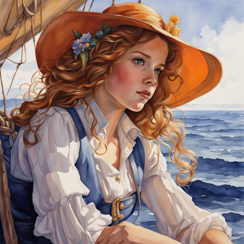 Girl Gazing at Sailboat in Watercolor Style