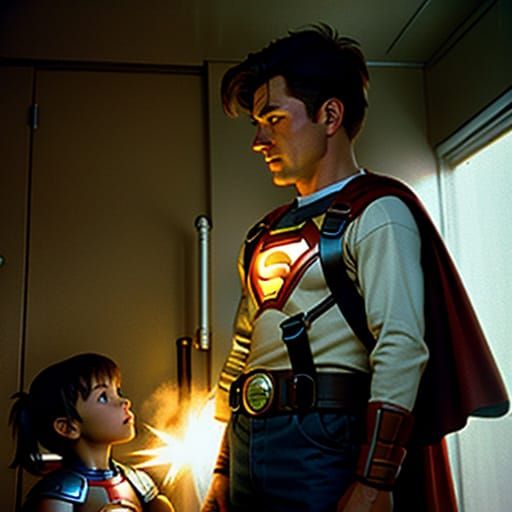 Superhero Dad Fixing Rocket in Retro-Futuristic Style