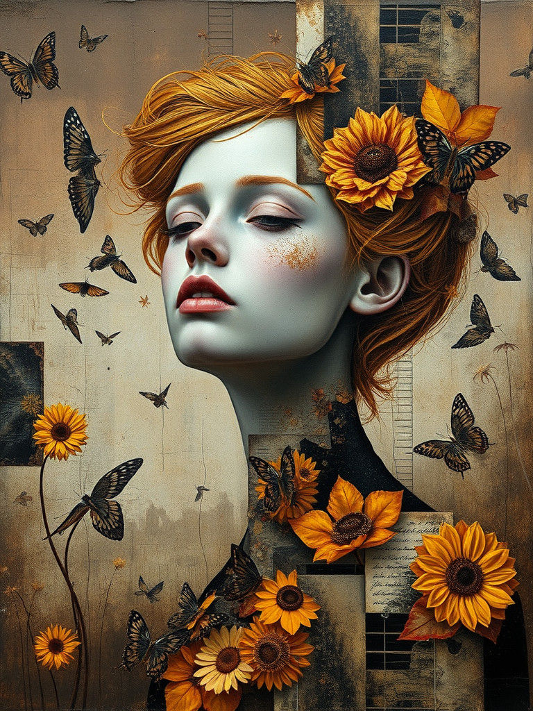 Symbolic Woman in Autumnal Impasto Collage