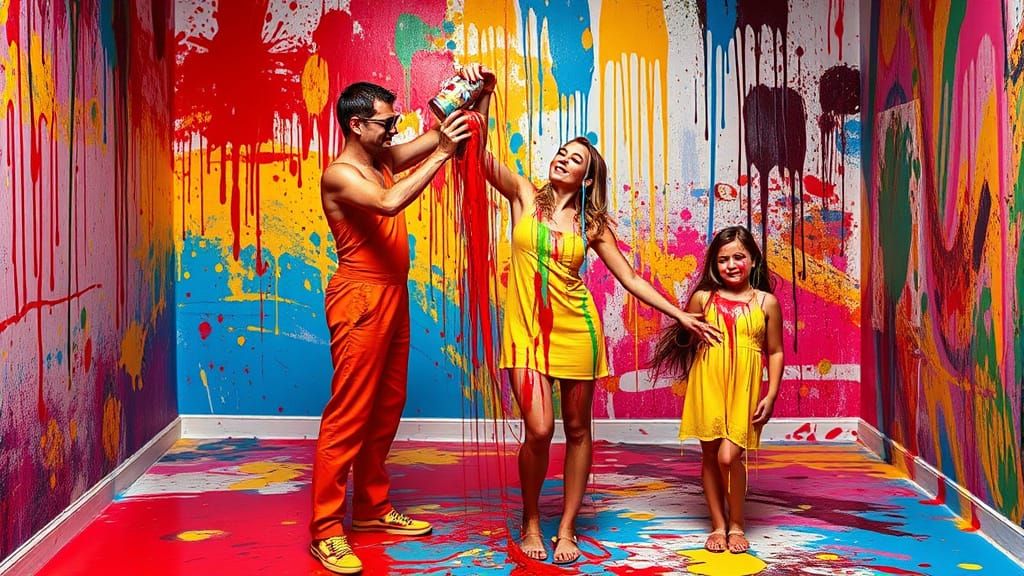 Vibrant Orange and Yellow Figures Engulfed in a Kaleidoscopi...