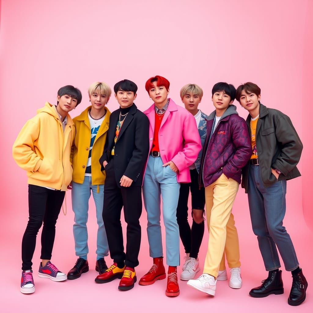 BTS K-Pop Idols Pose in Vibrant Pastel Wonderland