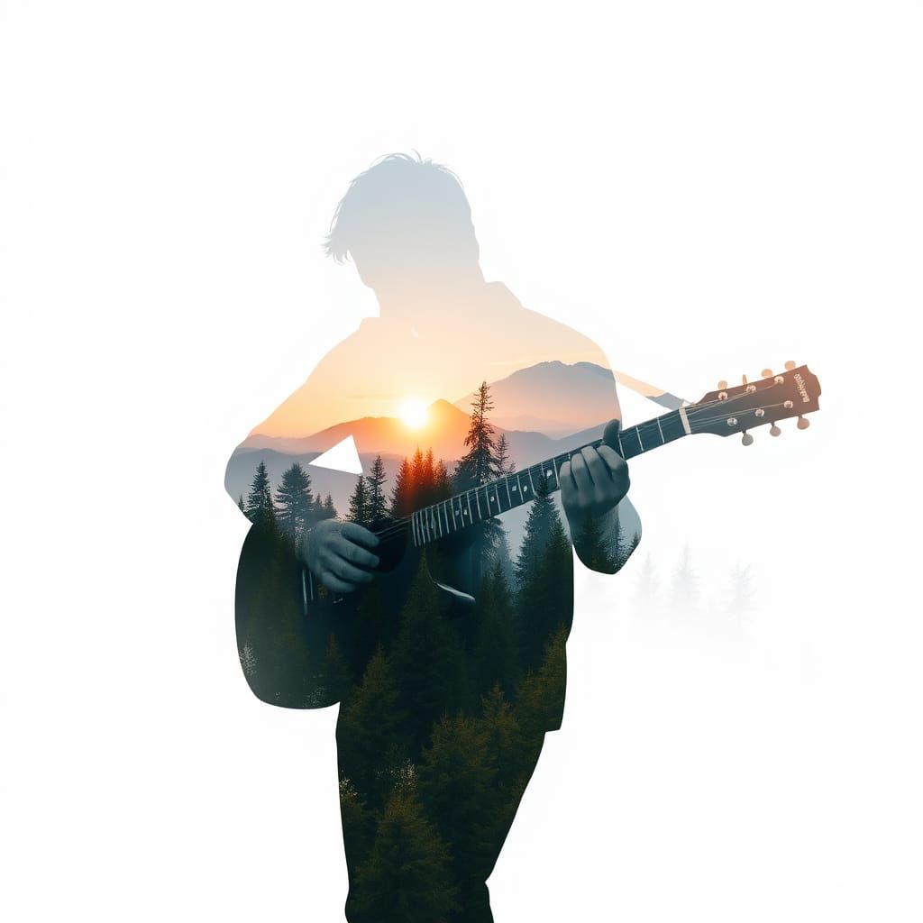 Double Exposure Guitarist with Sunset Mountainscape