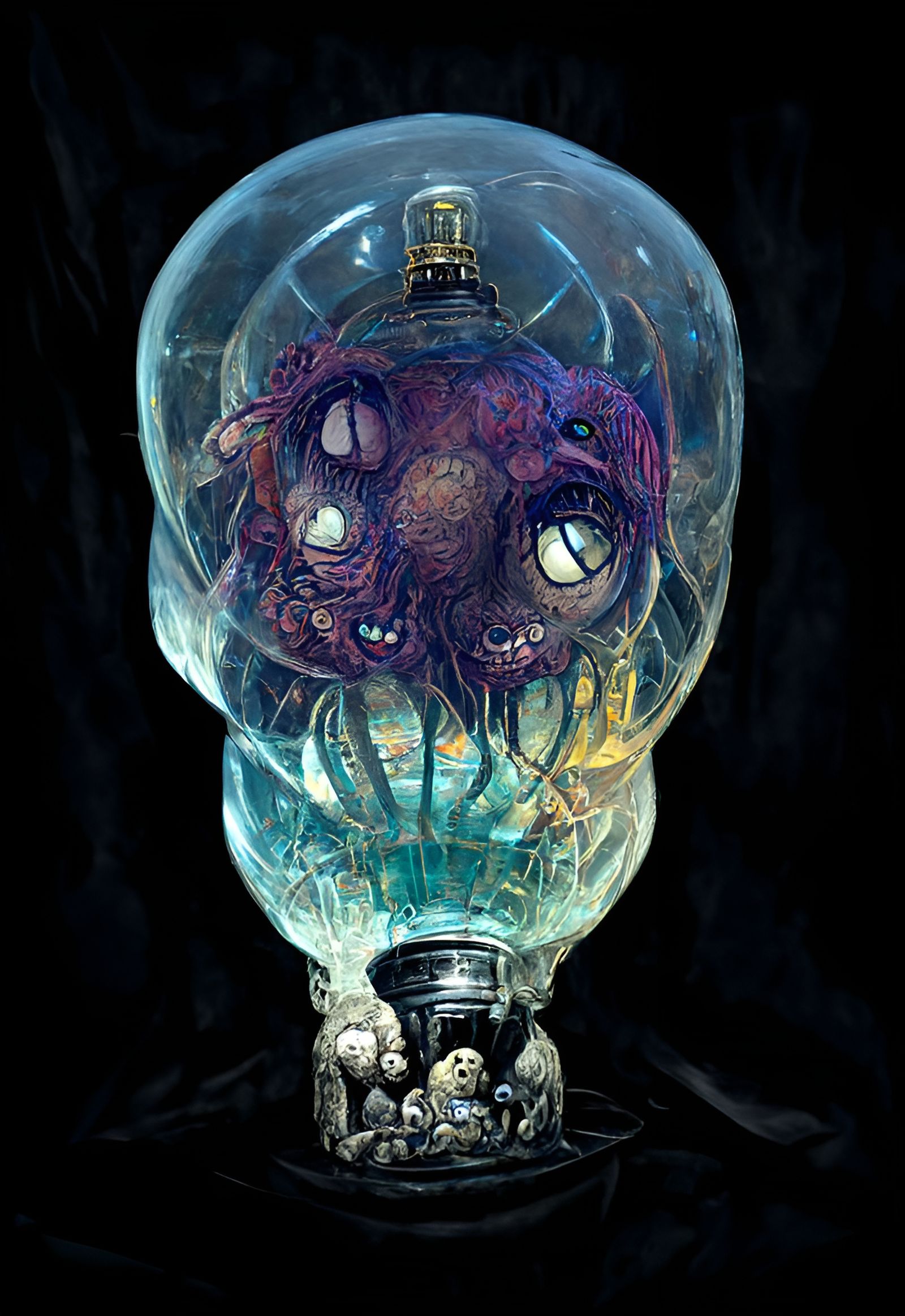 Colourful Lovecraftian eldritch plush toys, Teddybear, cat plush toy, penquin plush toy, trapped inside crystal skull sh...