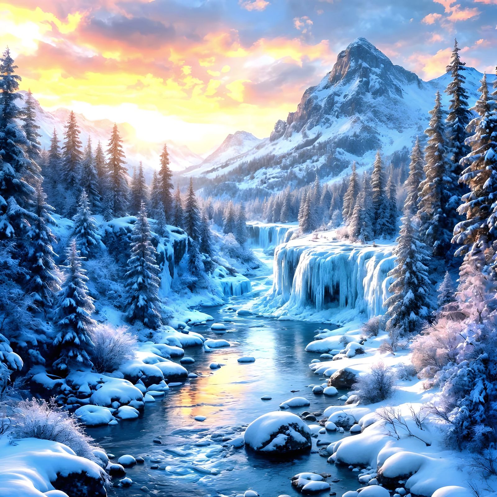 Hyperrealistic Frozen Waterfall at Sunset, 16K