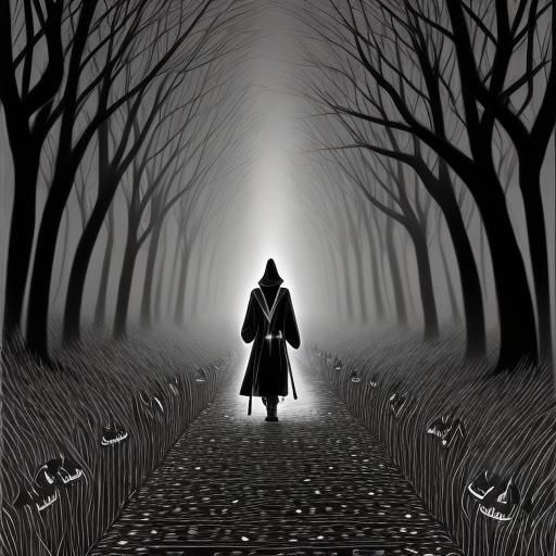 Grim Reaper in Line Art Walks Misty Path